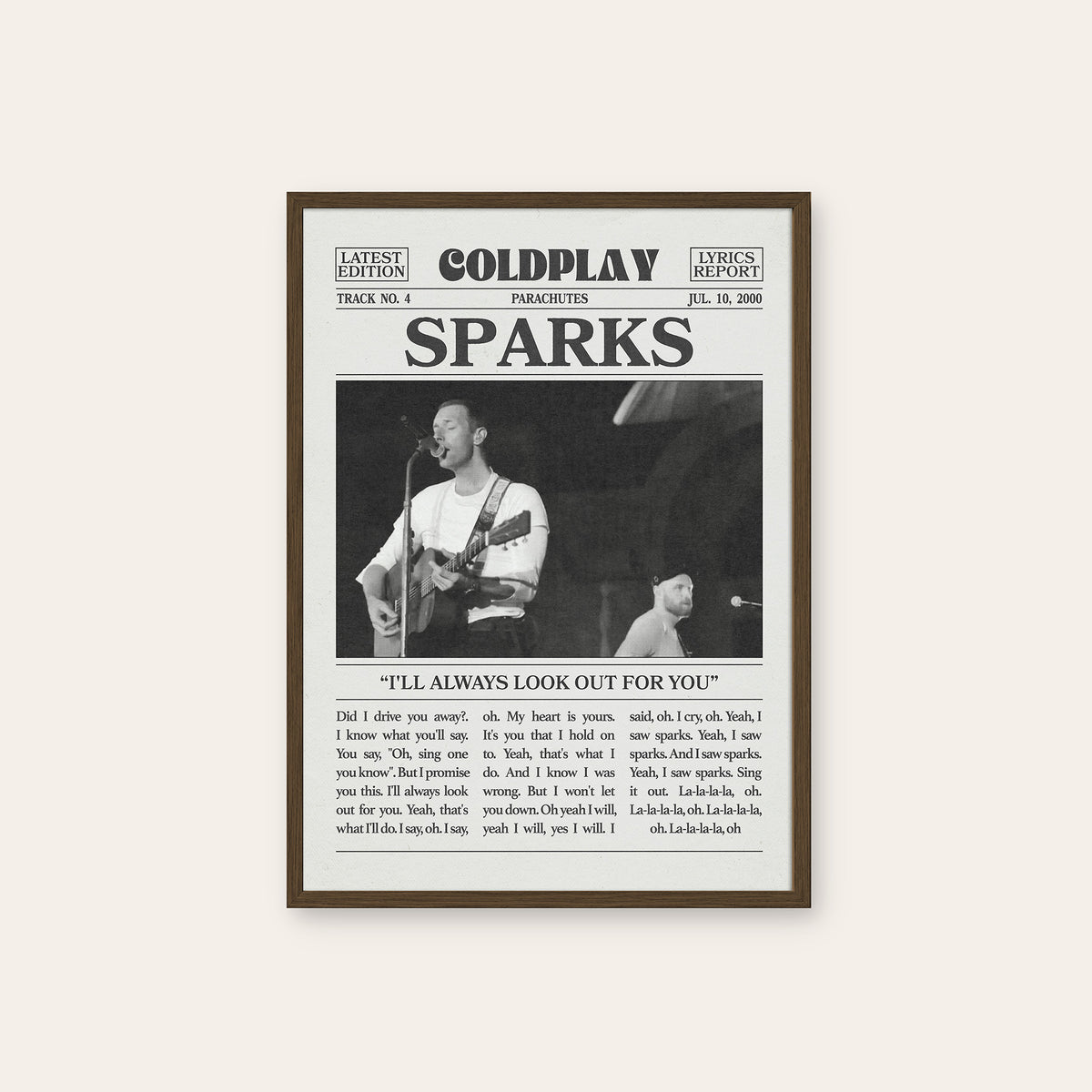 Coldplay Sparks newspaper poster — dark wood frame