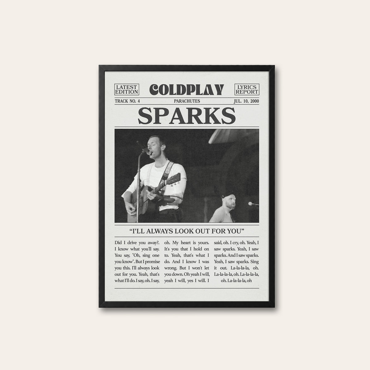 Coldplay Sparks newspaper poster — black frame