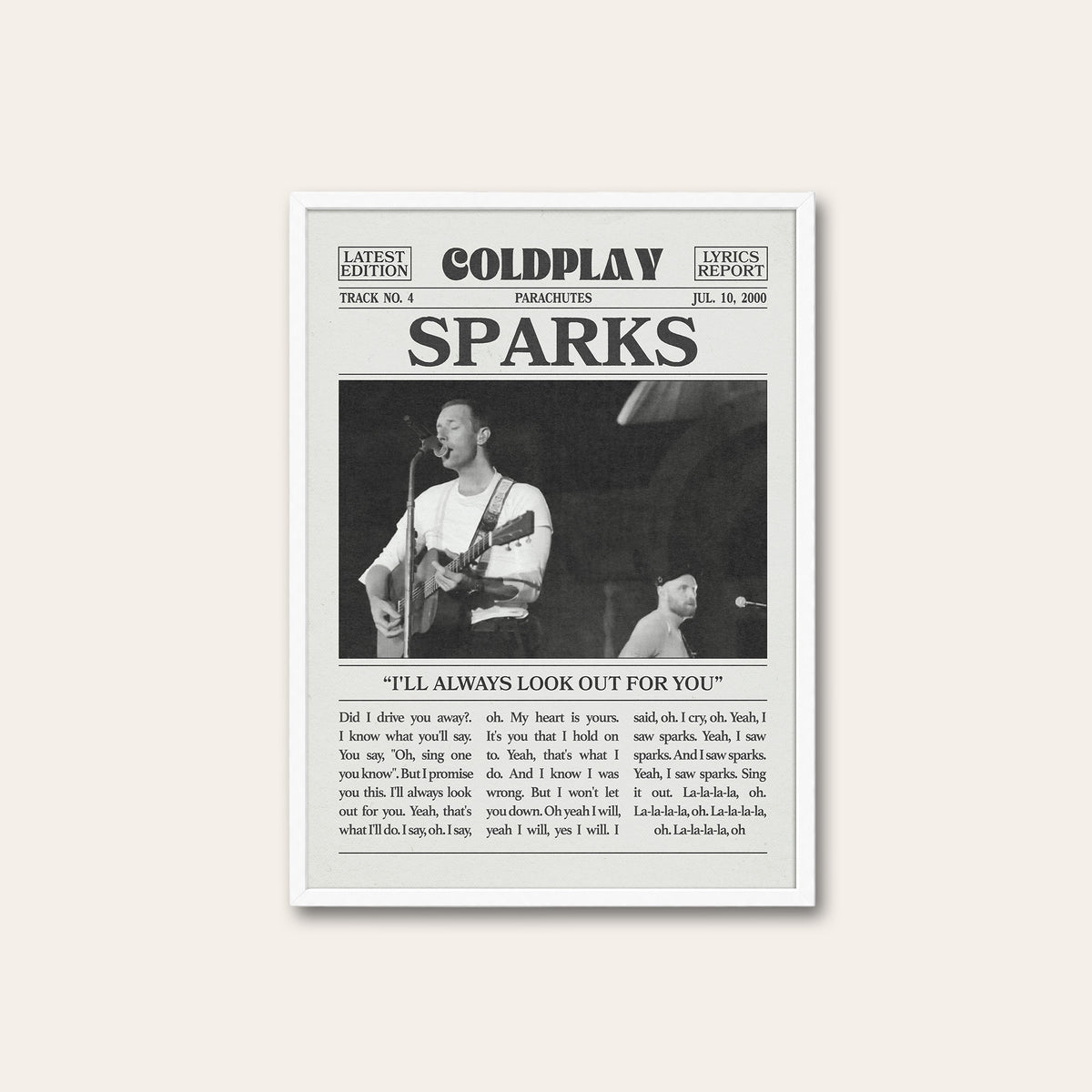 Coldplay Sparks newspaper poster — white frame