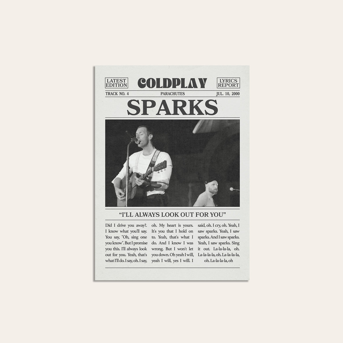 Coldplay Sparks newspaper poster — unframed print
