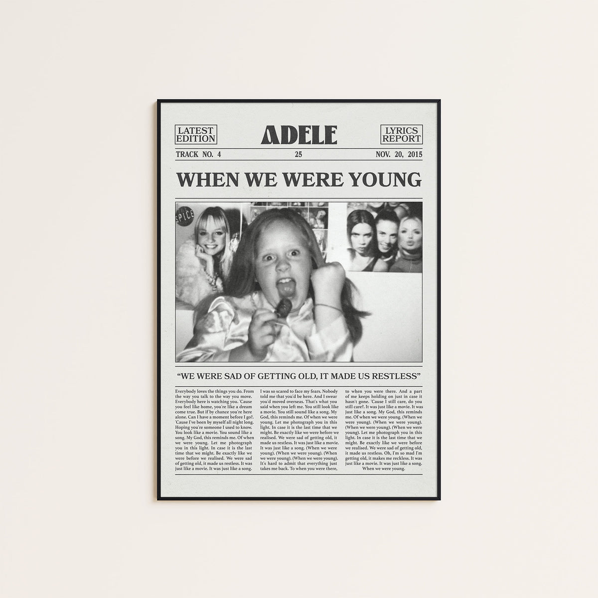 Adele When We Were Young newspaper poster — black frame display