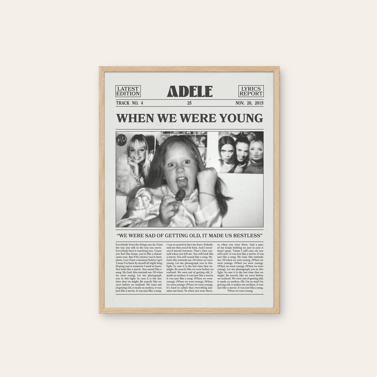 Adele When We Were Young newspaper poster — natural wood frame