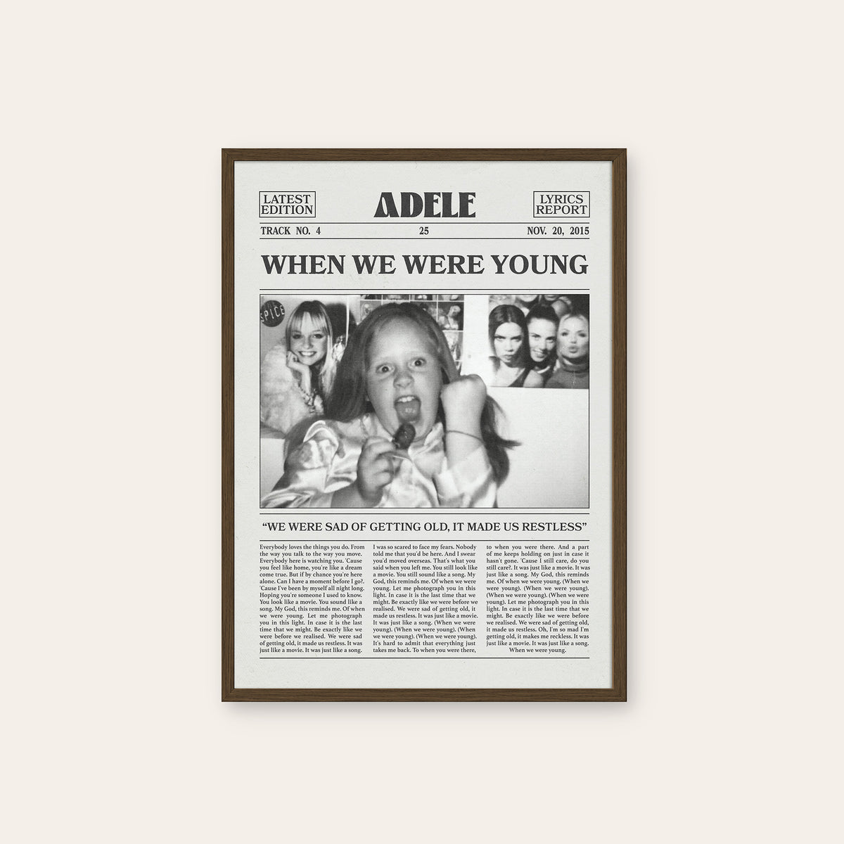 Adele When We Were Young newspaper poster — dark wood frame