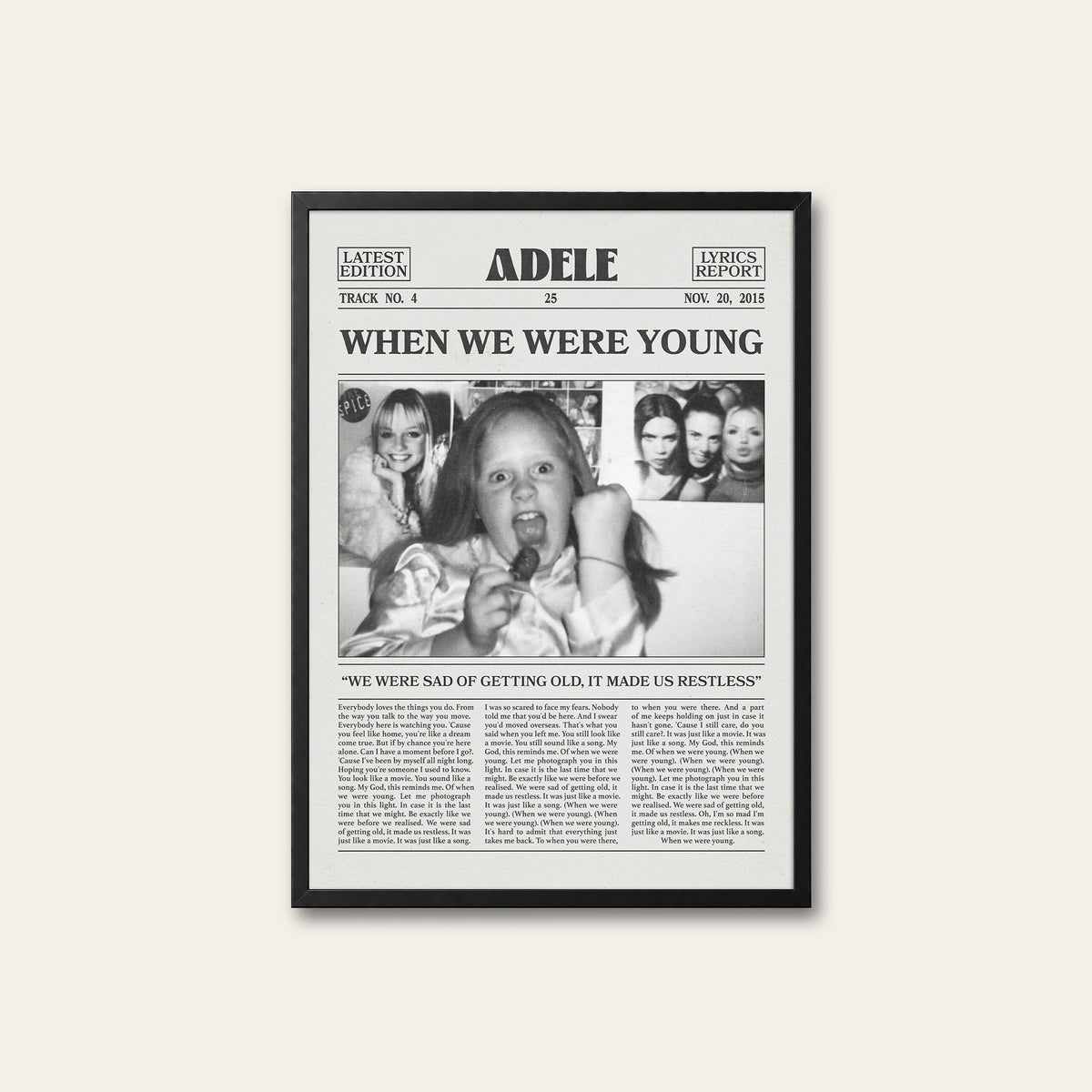 Adele When We Were Young newspaper poster — black frame