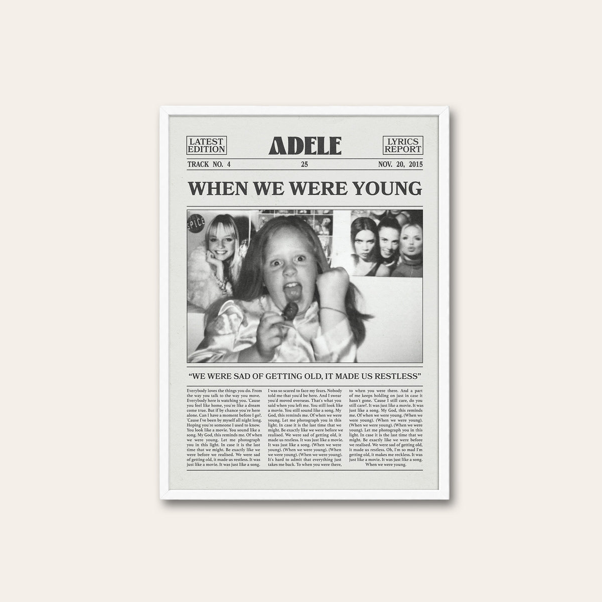 Adele When We Were Young newspaper poster — white frame