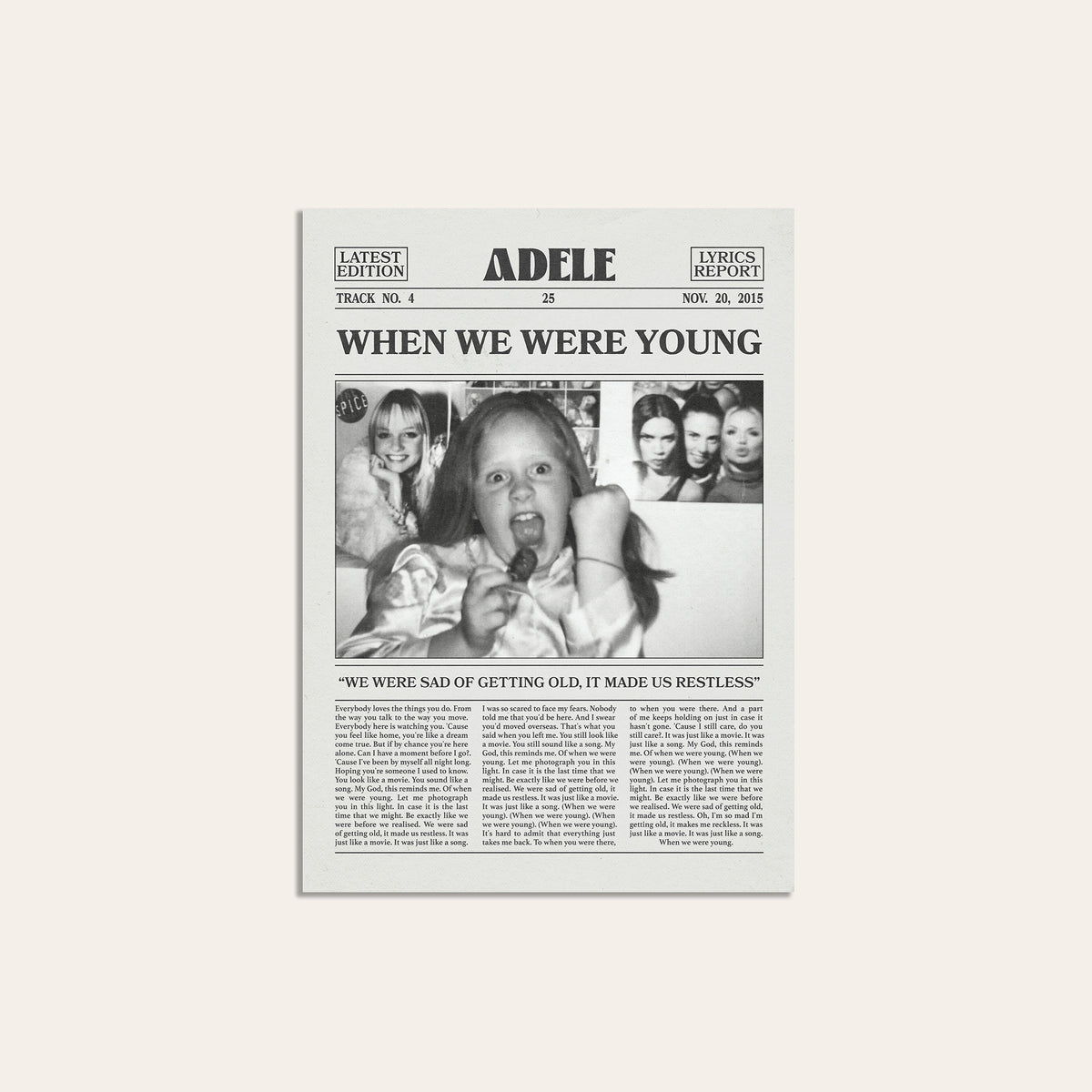 Adele When We Were Young newspaper poster — unframed print