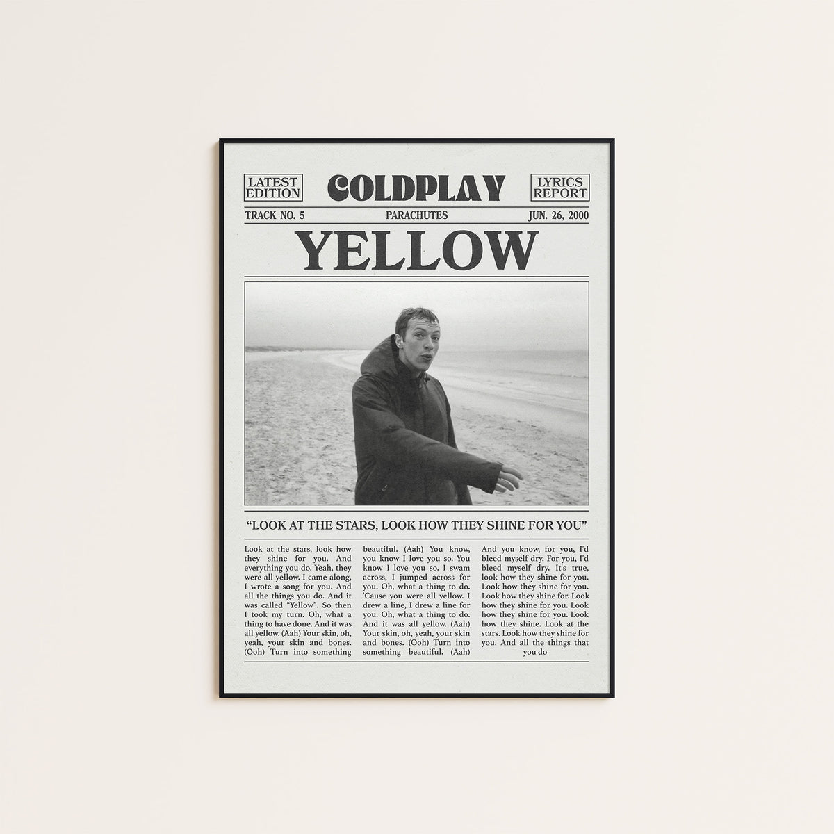Coldplay Yellow newspaper poster, Beach — black frame display