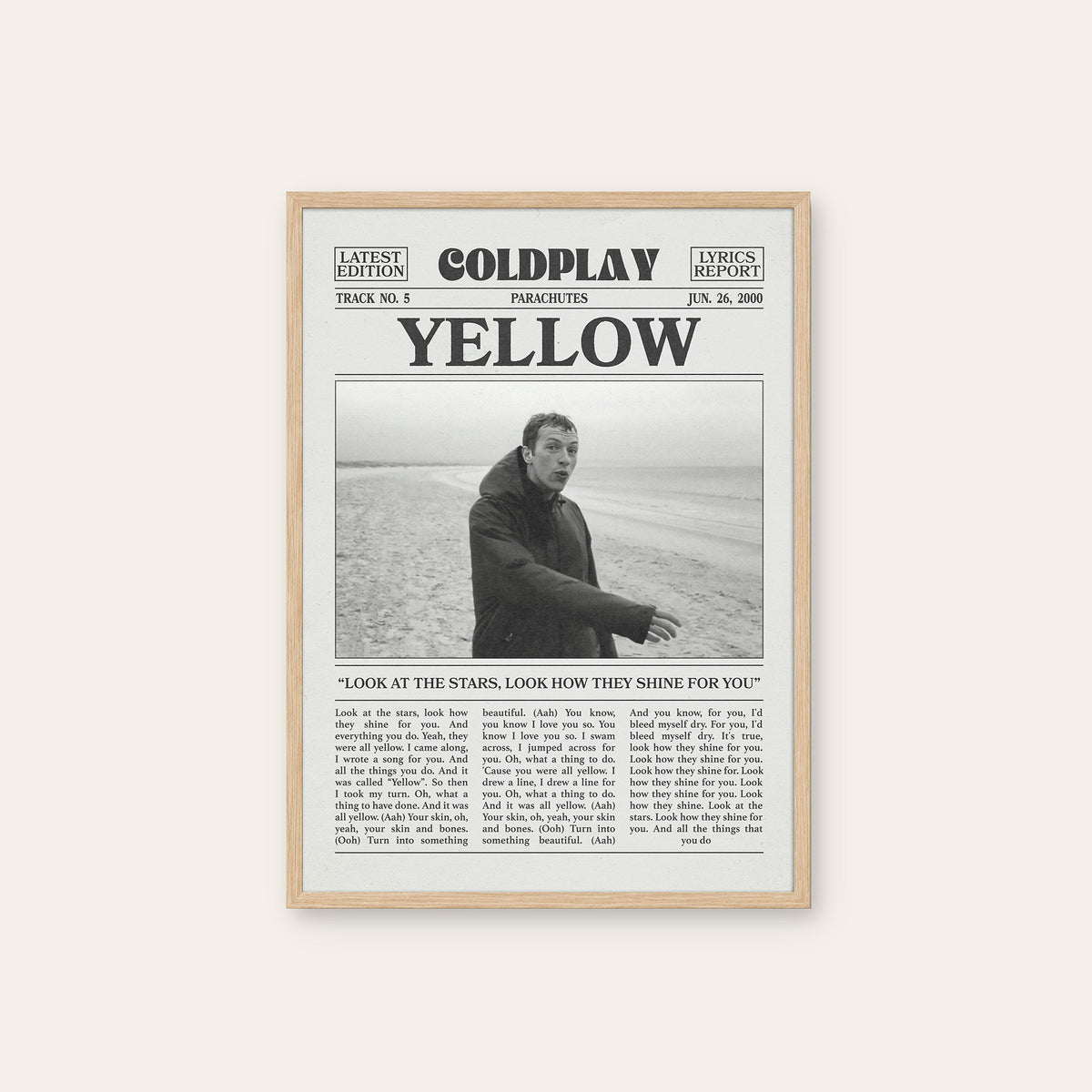 Coldplay Yellow newspaper poster, Beach — natural wood frame