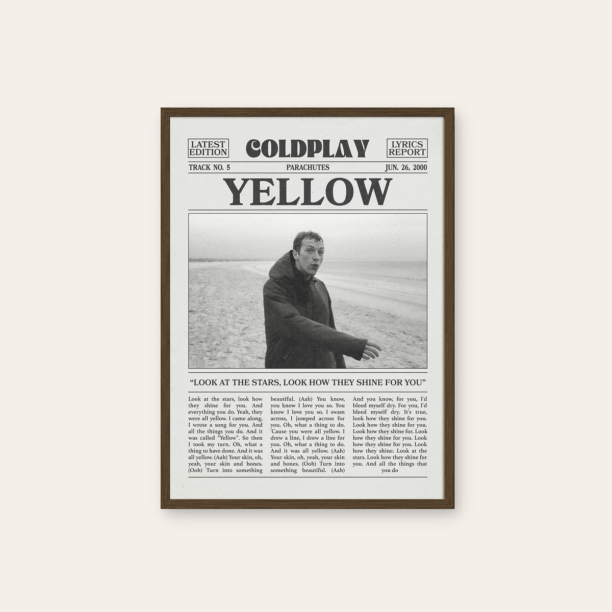 Coldplay Yellow newspaper poster, Beach — dark wood frame