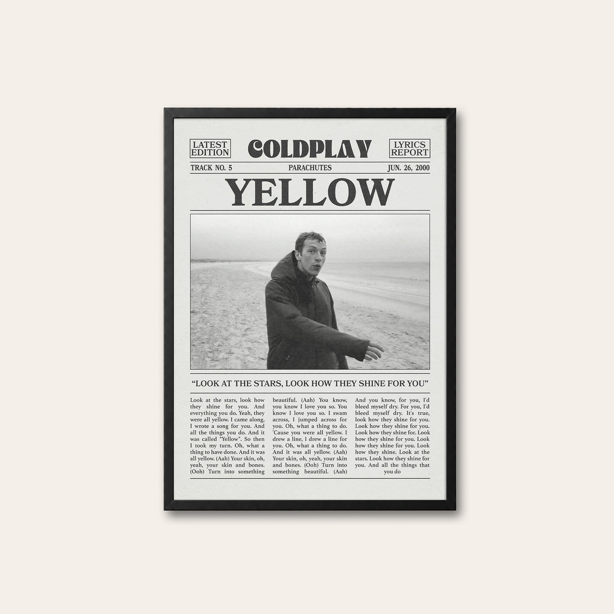 Coldplay Yellow newspaper poster, Beach — black frame