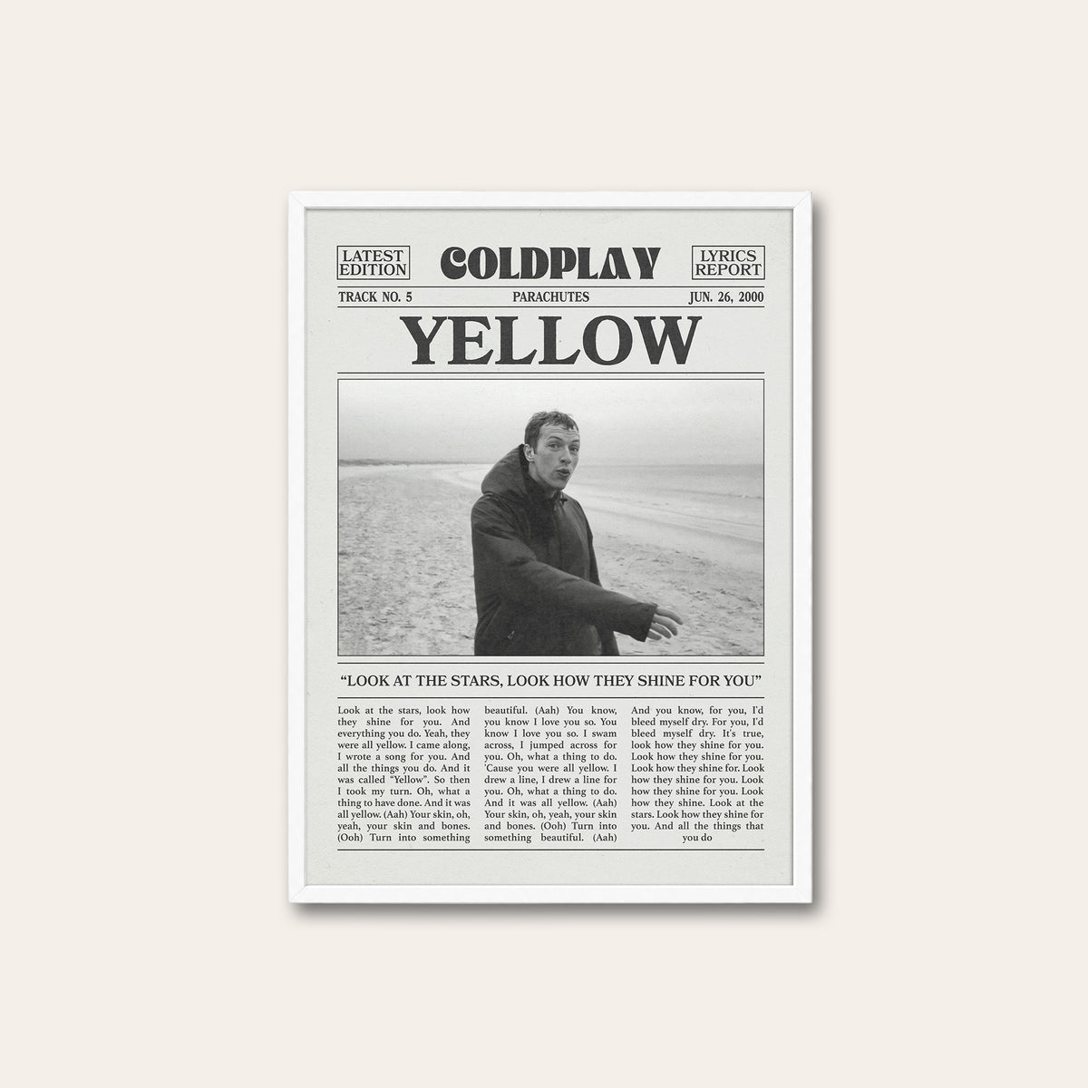 Coldplay Yellow newspaper poster, Beach — white frame