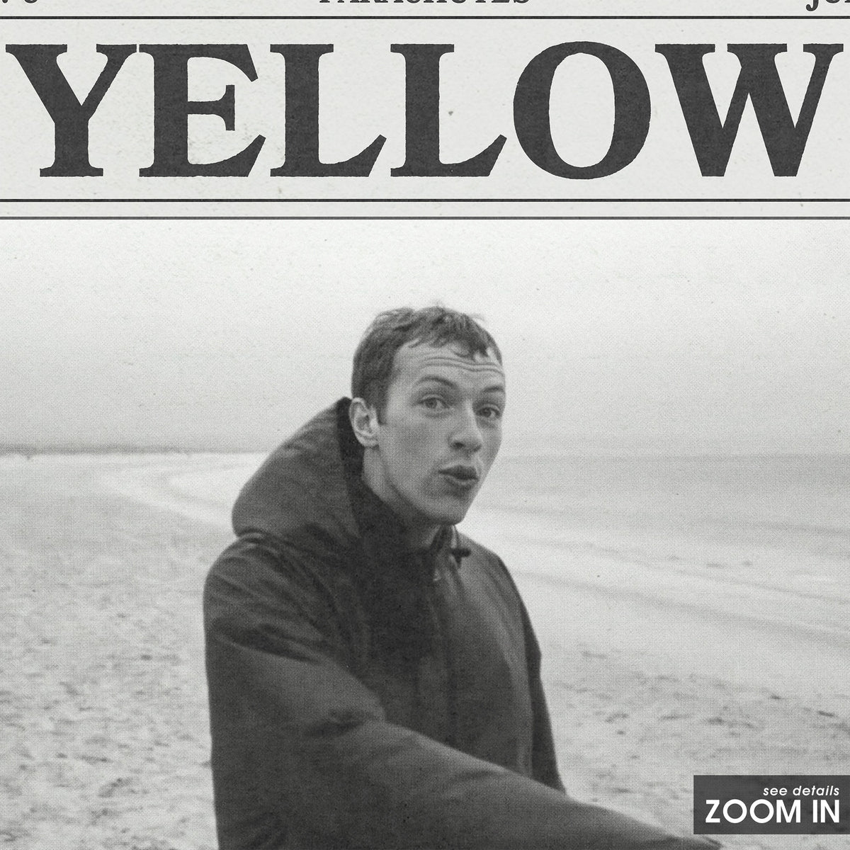 Coldplay Yellow newspaper poster, Beach — close-up detail
