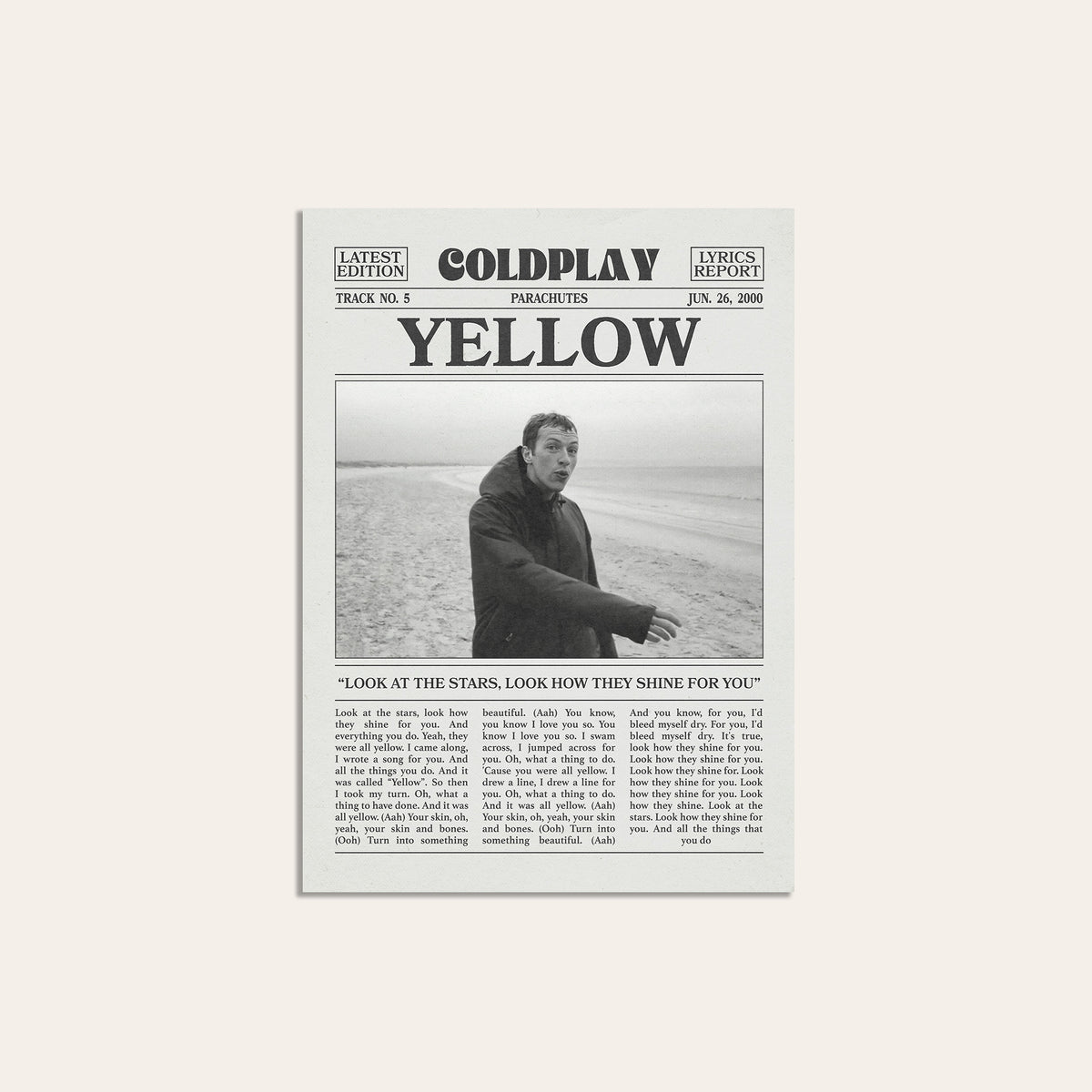 Coldplay Yellow newspaper poster, Beach — unframed print