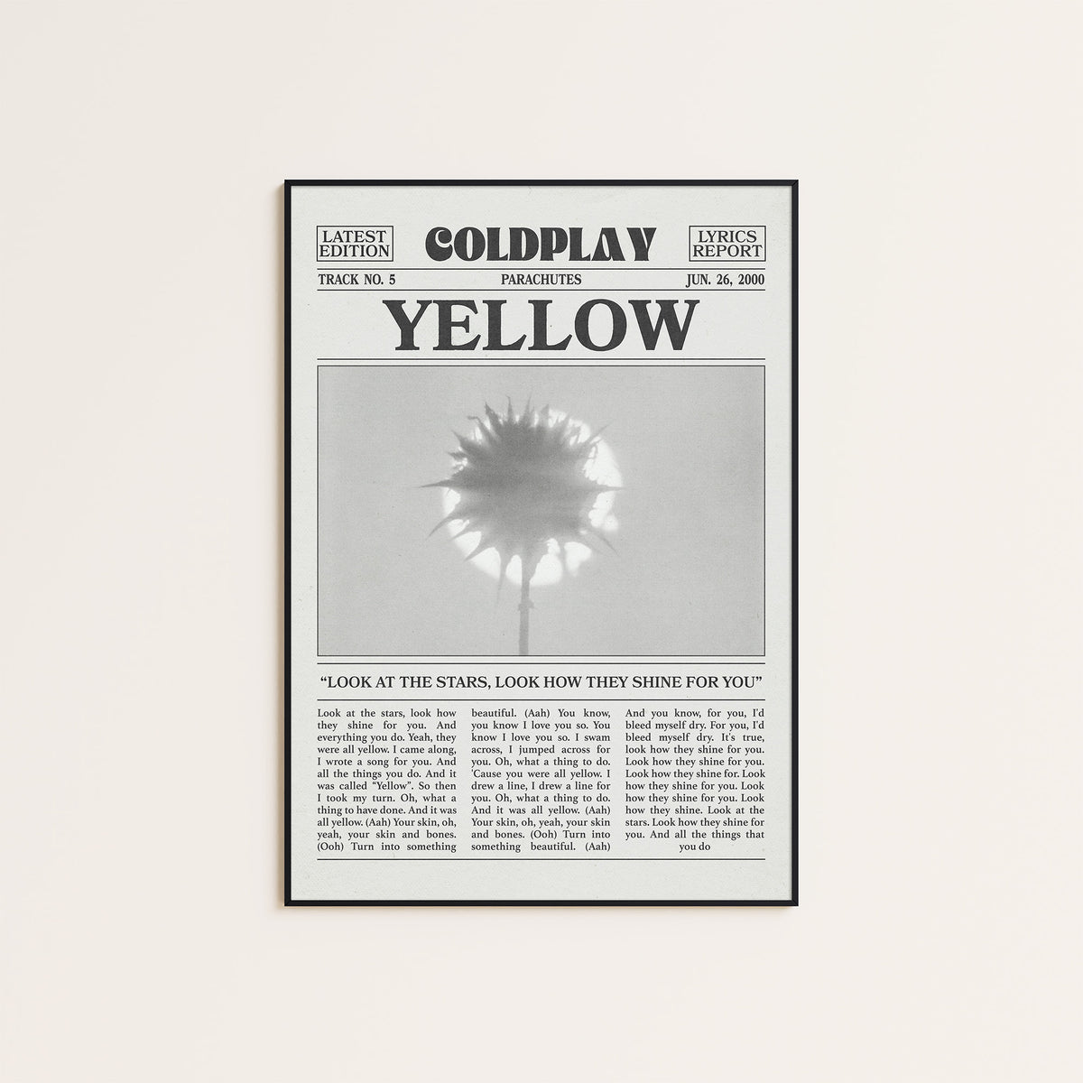 Coldplay Yellow newspaper poster, Flower — black frame display