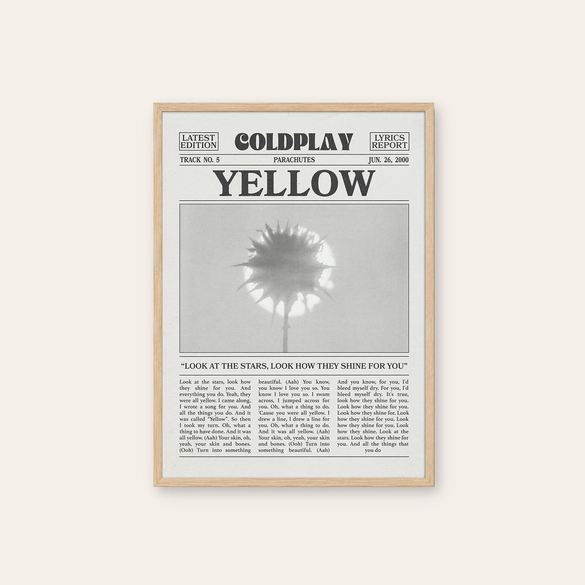 Coldplay Yellow newspaper poster, Flower — natural wood frame