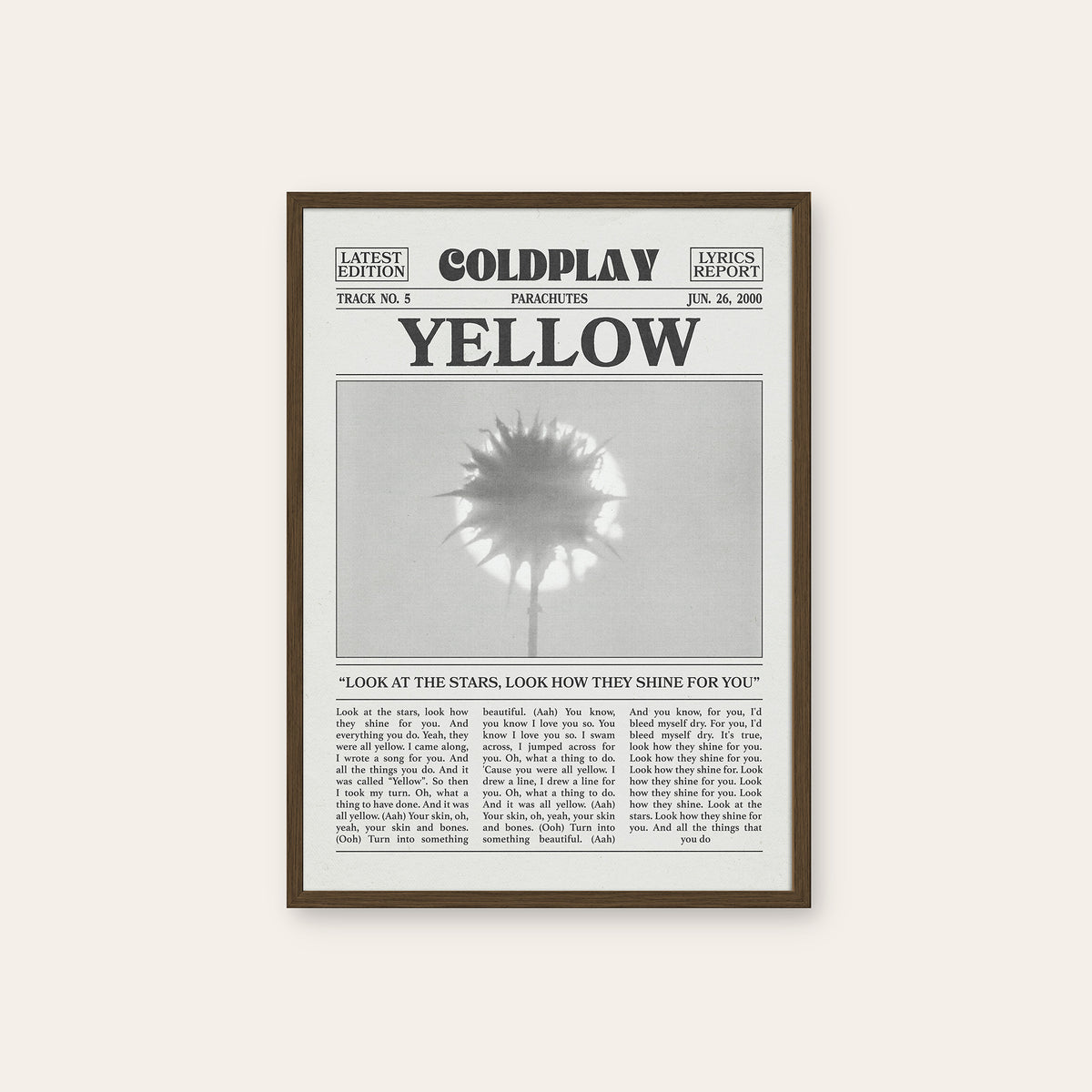 Coldplay Yellow newspaper poster, Flower — dark wood frame