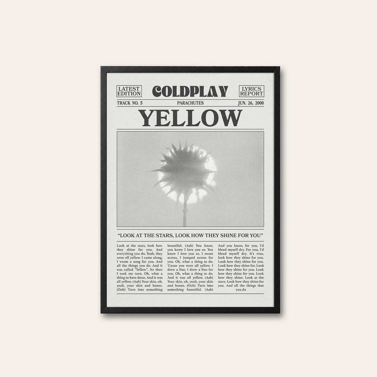 Coldplay Yellow newspaper poster, Flower — black frame