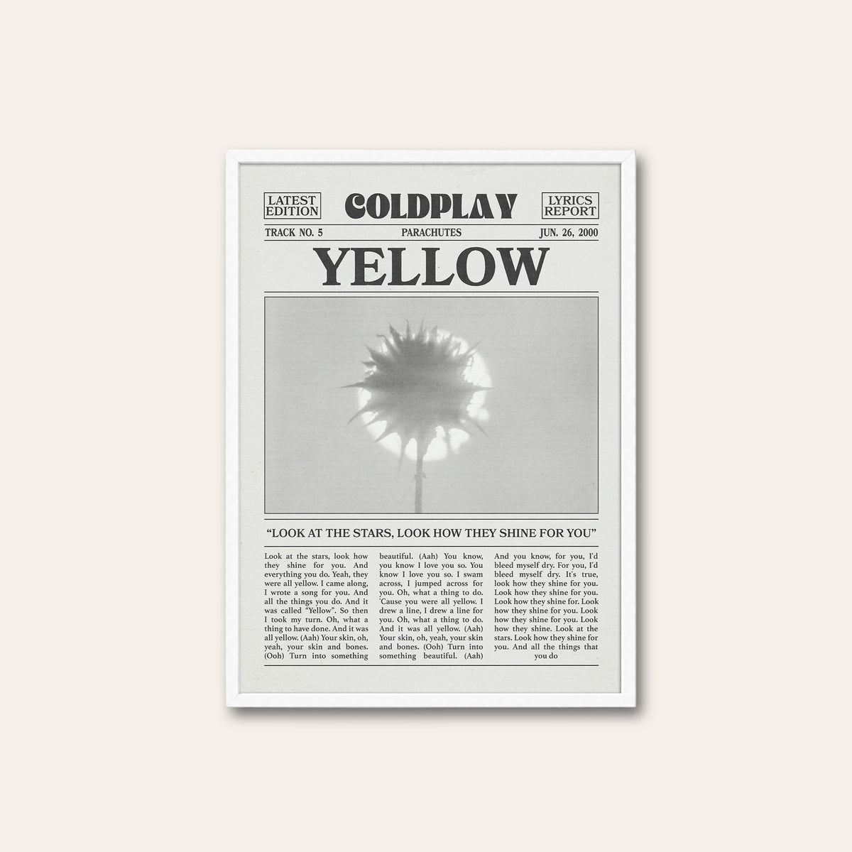 Coldplay Yellow newspaper poster, Flower — white frame
