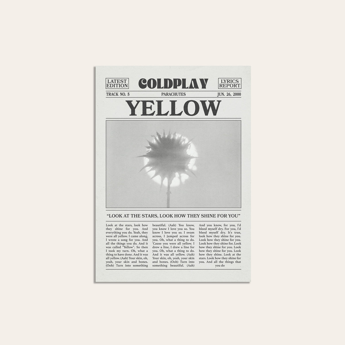 Coldplay Yellow newspaper poster, Flower — unframed print