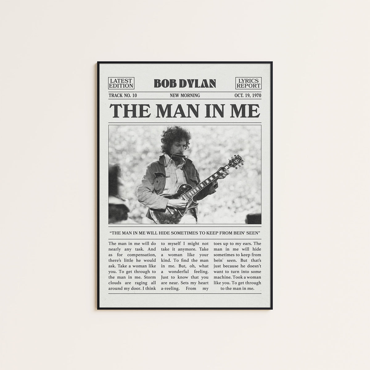 Bob Dylan The Man in Me newspaper poster, Guitar — black frame display