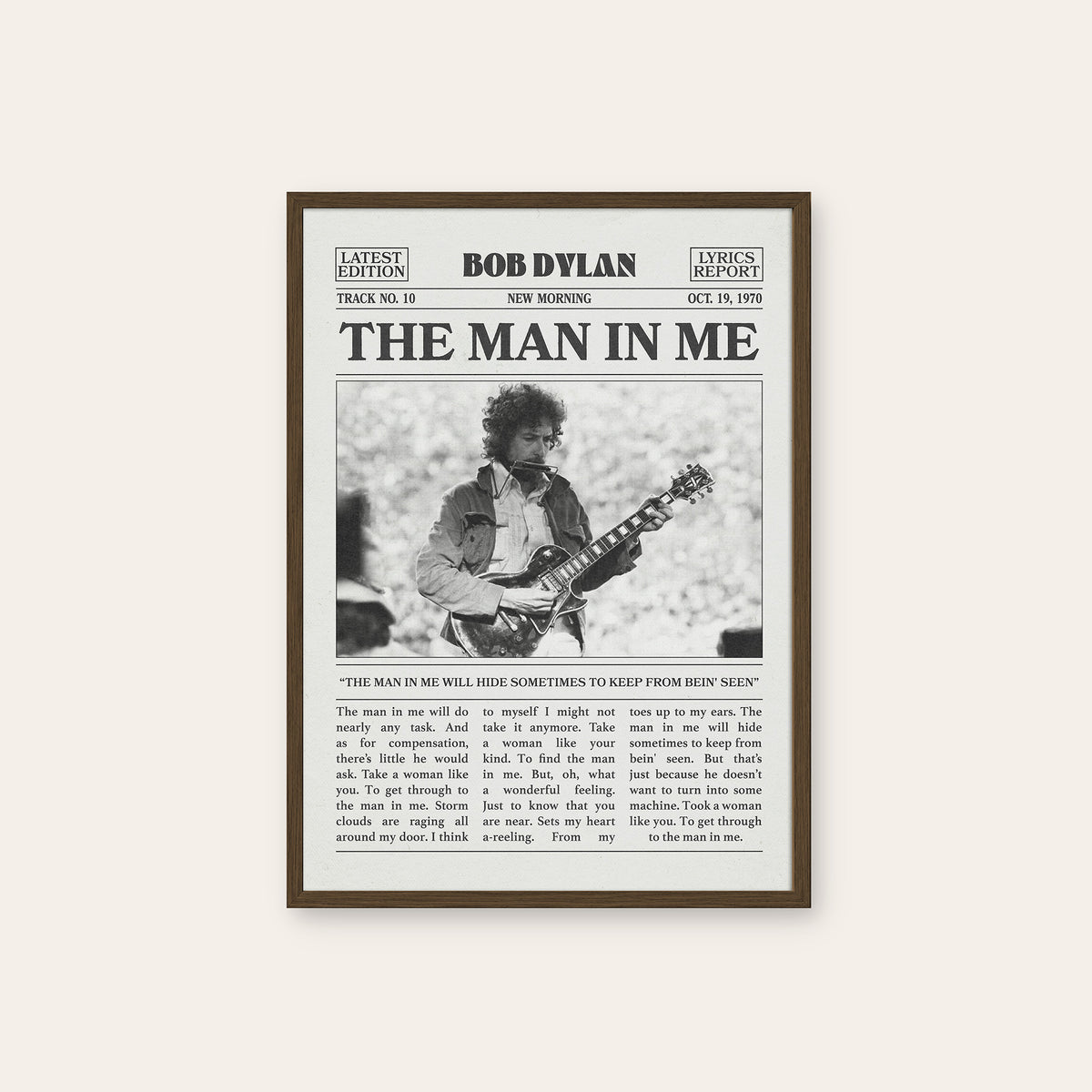 Bob Dylan The Man in Me newspaper poster, Guitar — dark wood frame