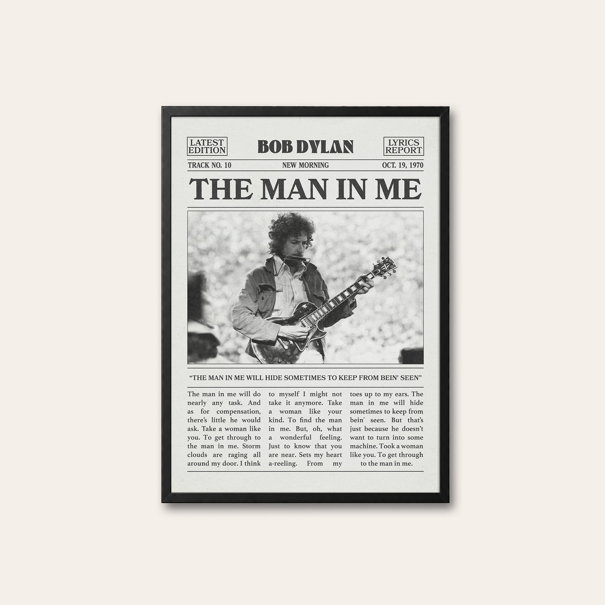 Bob Dylan The Man in Me newspaper poster, Guitar — black frame