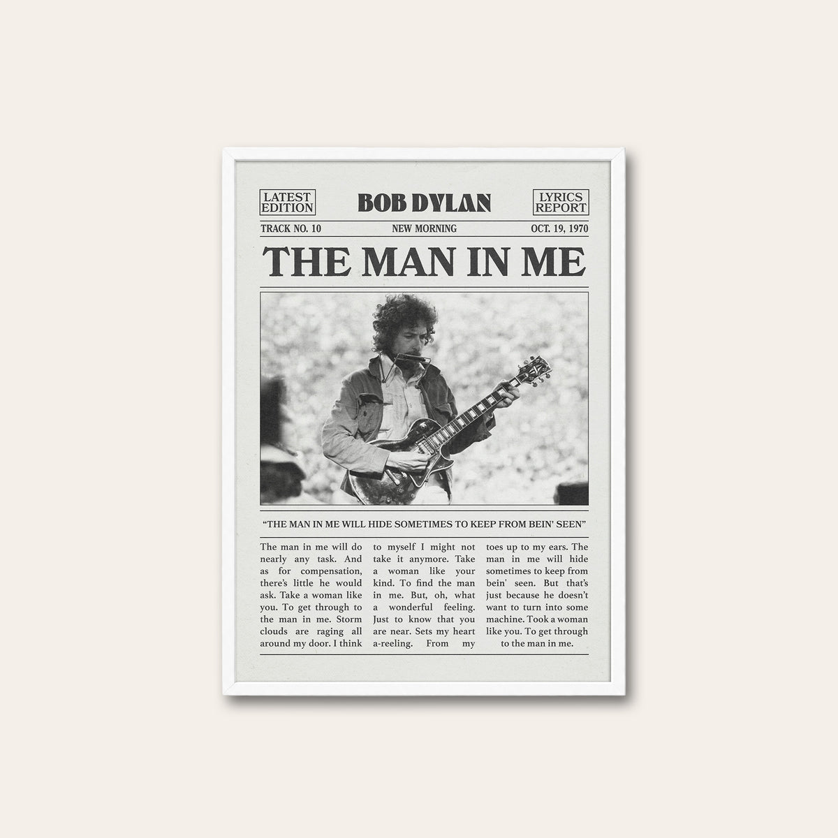 Bob Dylan The Man in Me newspaper poster, Guitar — white frame