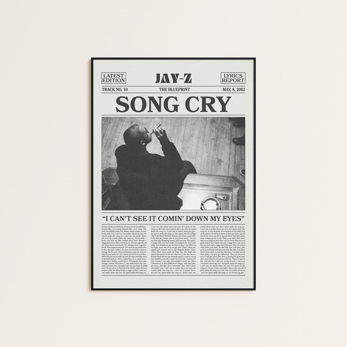 JAY-Z Song Cry newspaper poster — black frame display