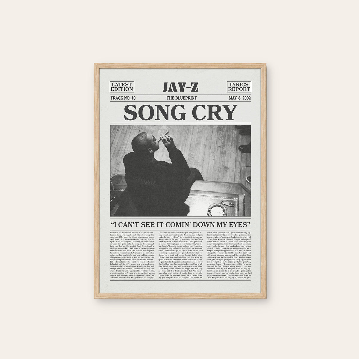 JAY-Z Song Cry newspaper poster — natural wood frame