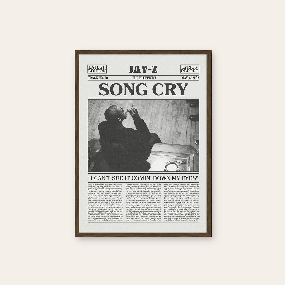 JAY-Z Song Cry newspaper poster — dark wood frame