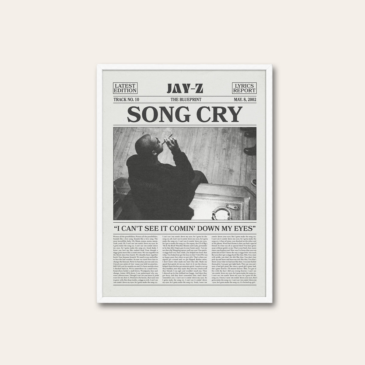 JAY-Z Song Cry newspaper poster — white frame