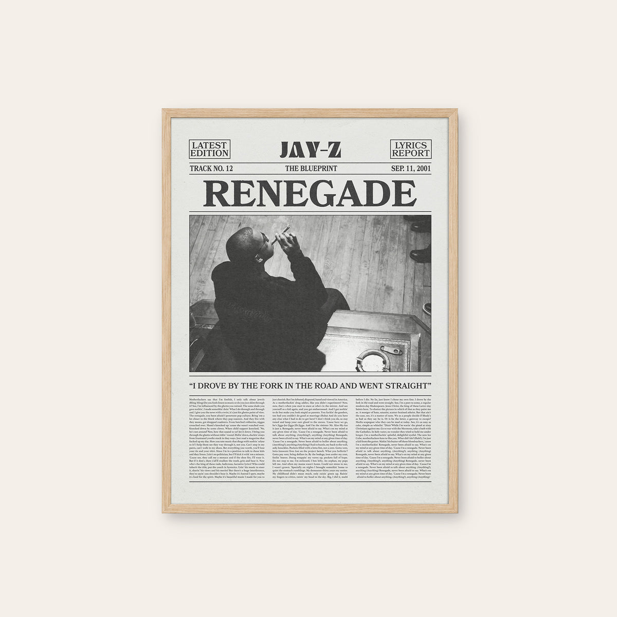 JAY-Z Renegade newspaper poster — natural wood frame