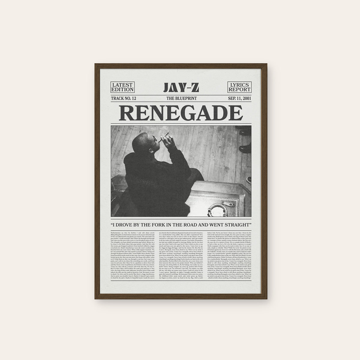 JAY-Z Renegade newspaper poster — dark wood frame