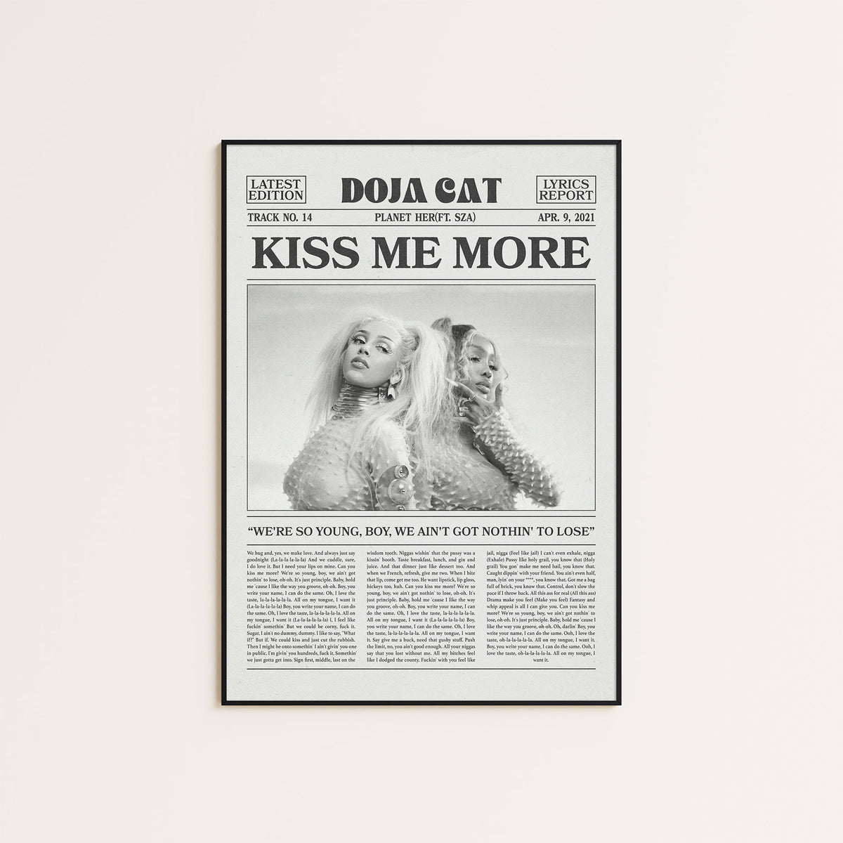 Doja Cat Kiss Me More newspaper poster — black frame display