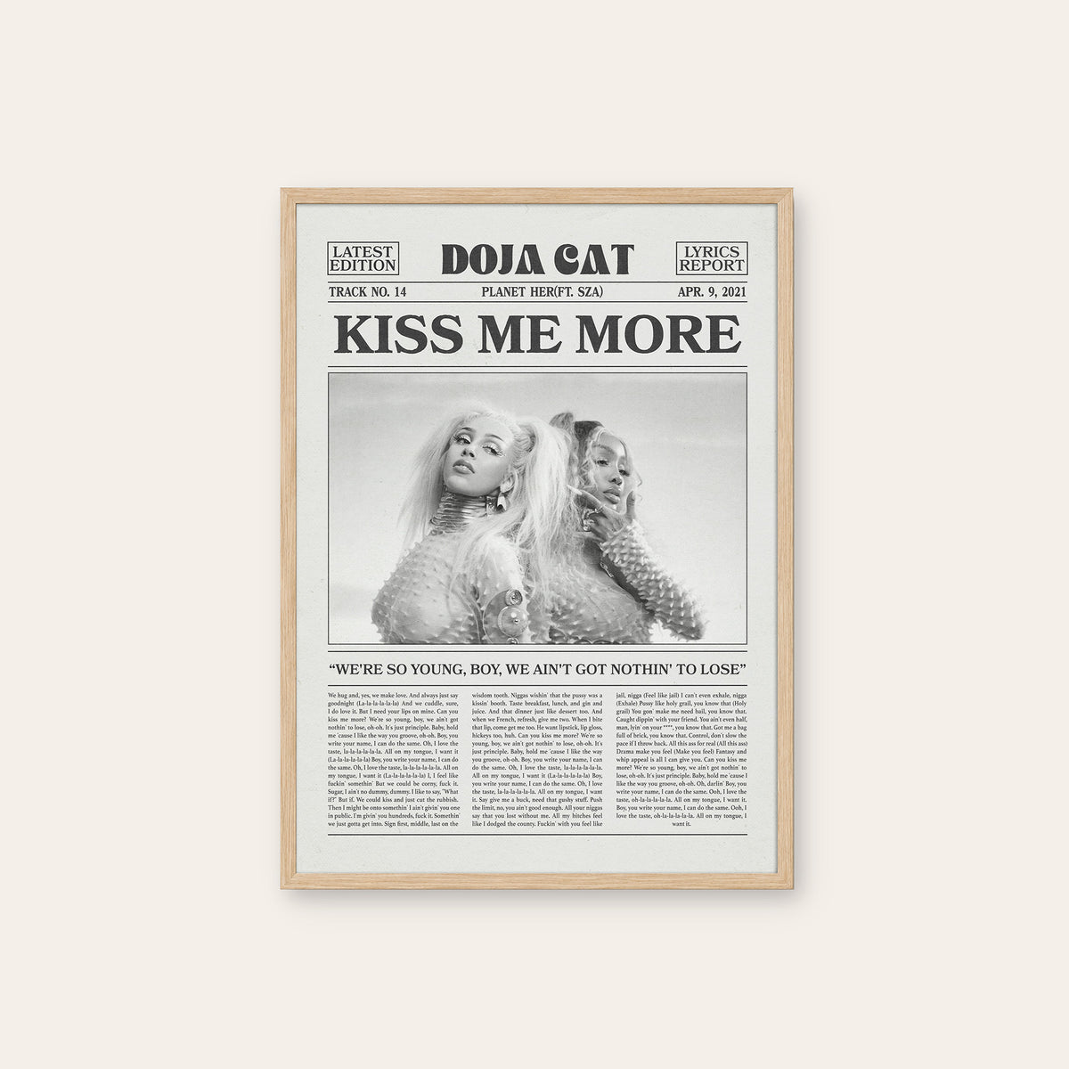 Doja Cat Kiss Me More newspaper poster — natural wood frame