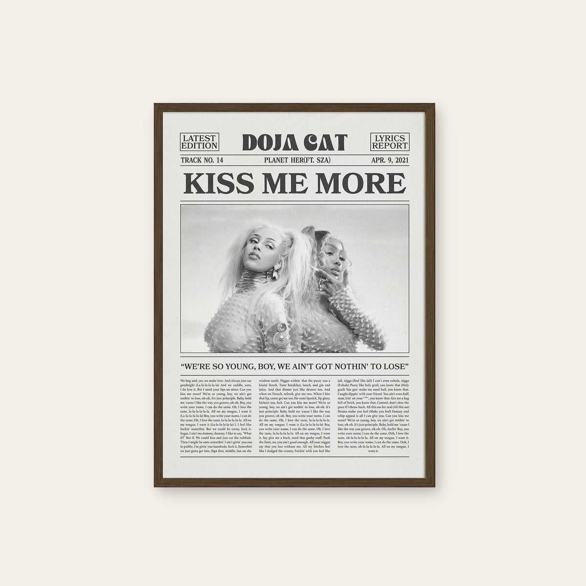 Doja Cat Kiss Me More newspaper poster — dark wood frame