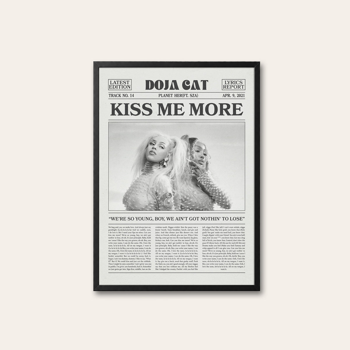 Doja Cat Kiss Me More newspaper poster — black frame