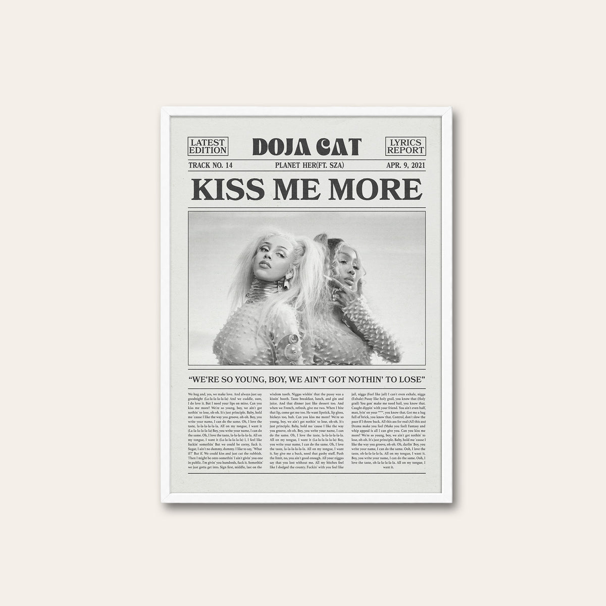 Doja Cat Kiss Me More newspaper poster — white frame