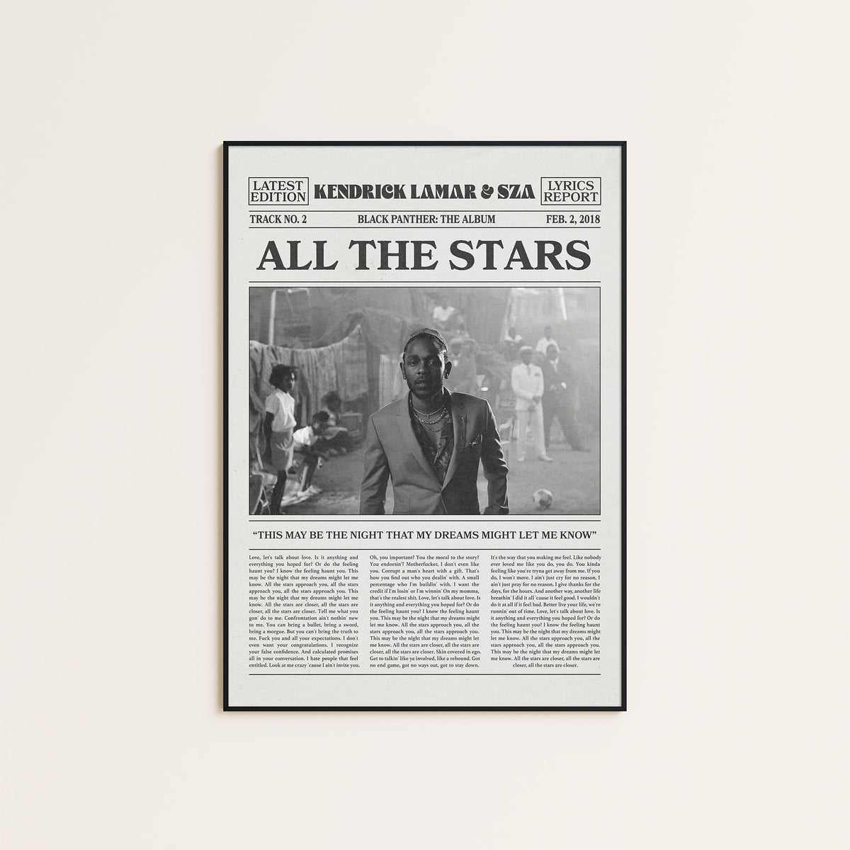 Kendrick Lamar & SZA All the Stars newspaper poster — black frame display
