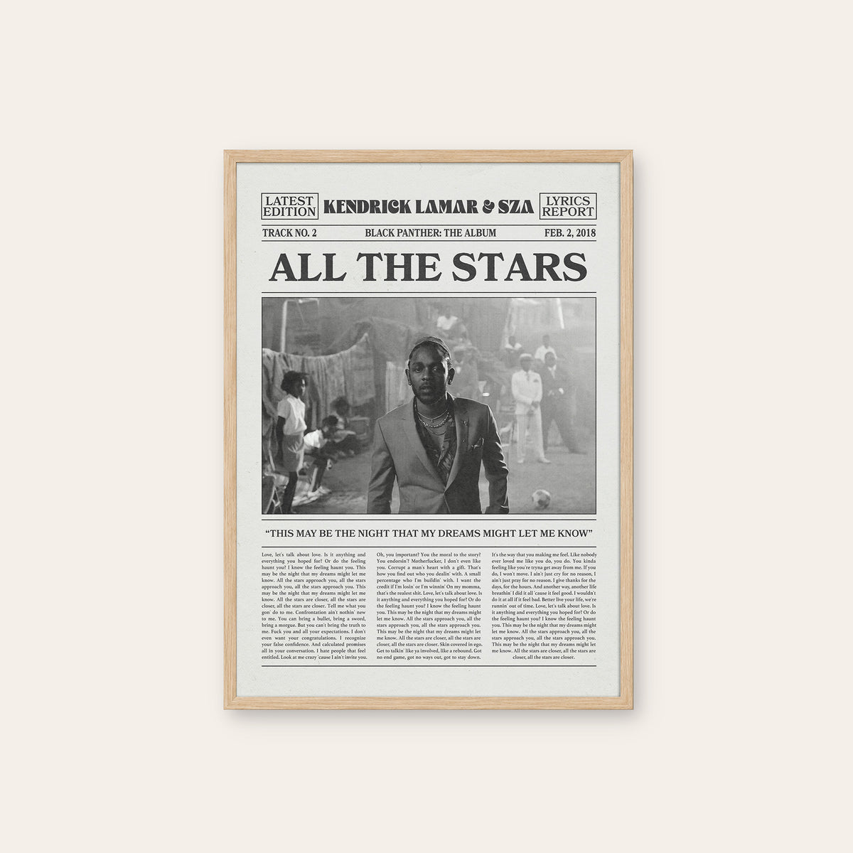 Kendrick Lamar & SZA All the Stars newspaper poster — natural wood frame