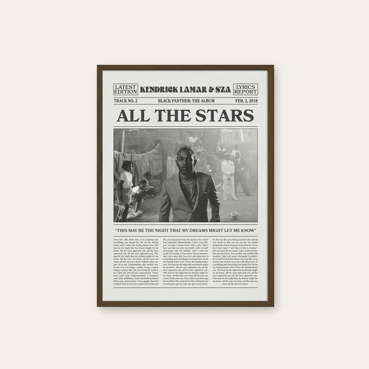 Kendrick Lamar & SZA All the Stars newspaper poster — dark wood frame