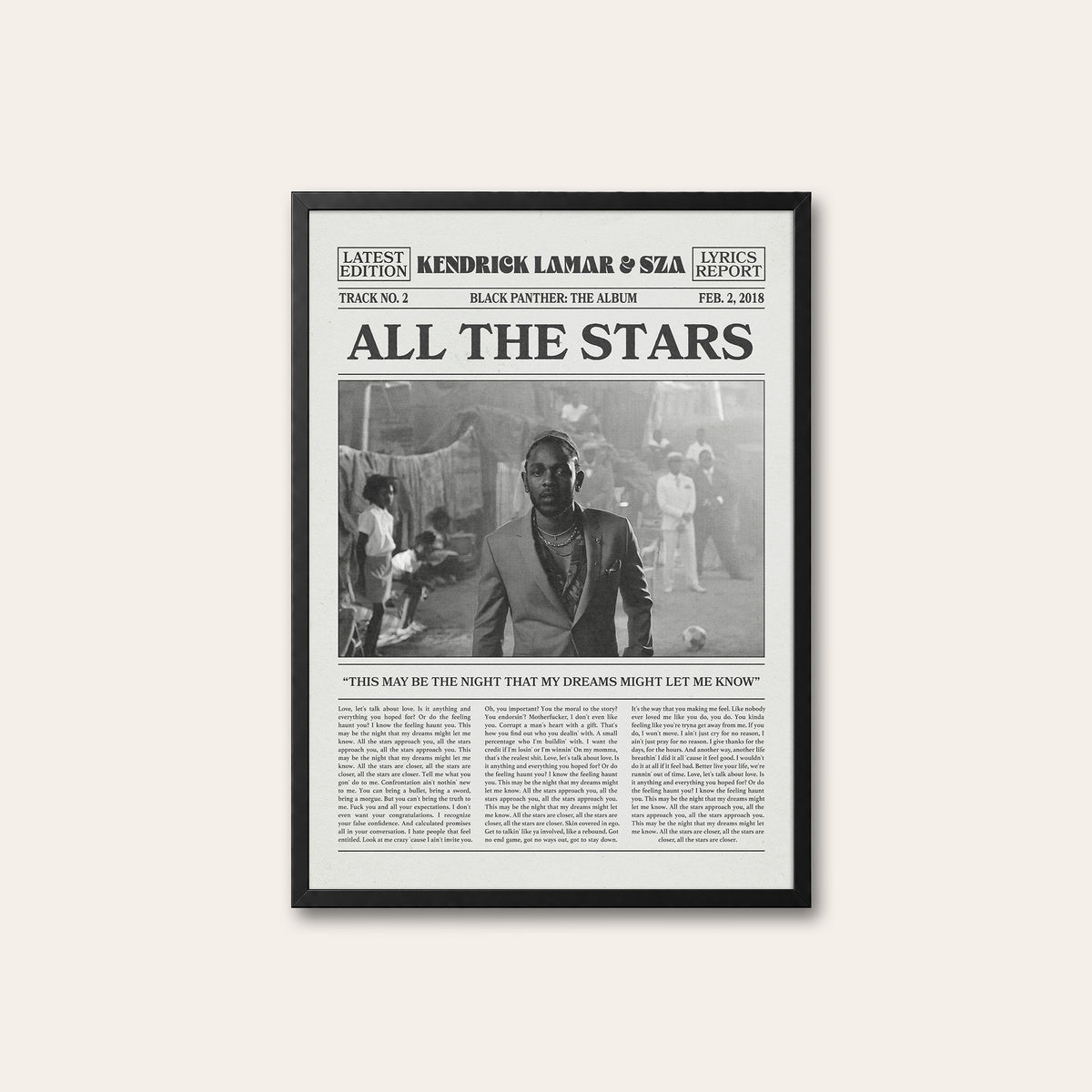 Kendrick Lamar & SZA All the Stars newspaper poster — black frame