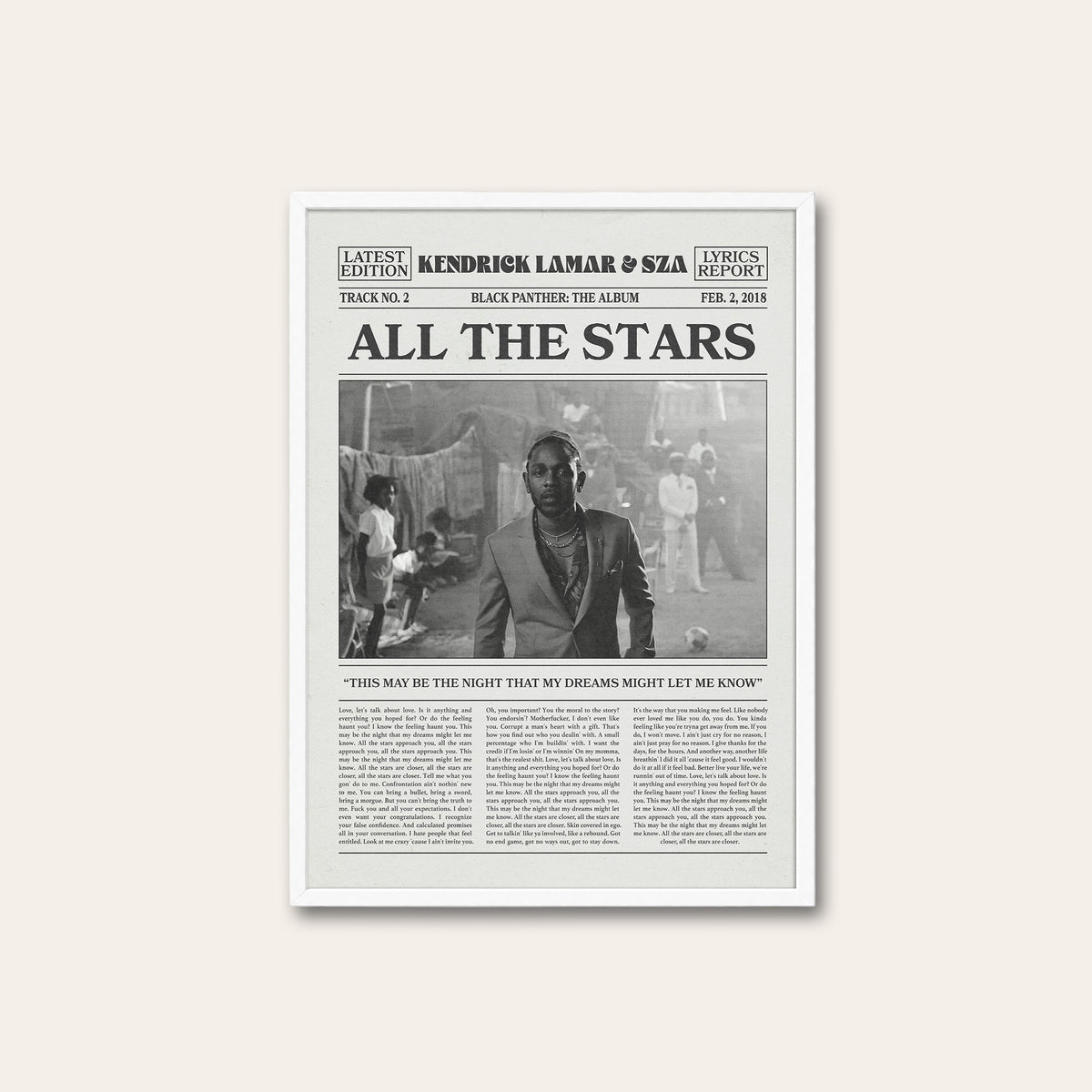 Kendrick Lamar & SZA All the Stars newspaper poster — white frame