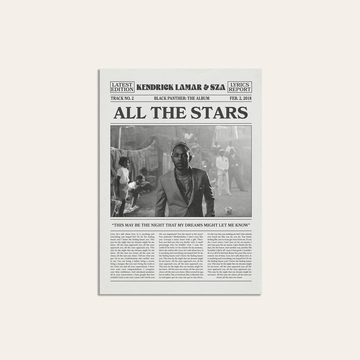 Kendrick Lamar & SZA All the Stars newspaper poster — unframed print