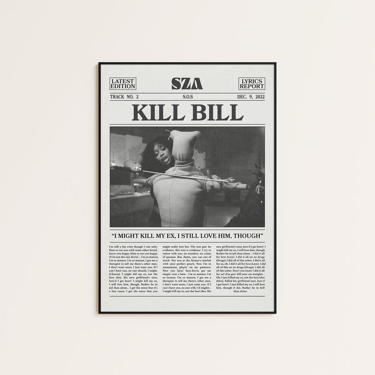 SZA Kill Bill newspaper poster — black frame display