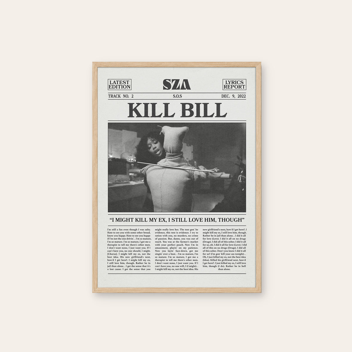 SZA Kill Bill newspaper poster — natural wood frame