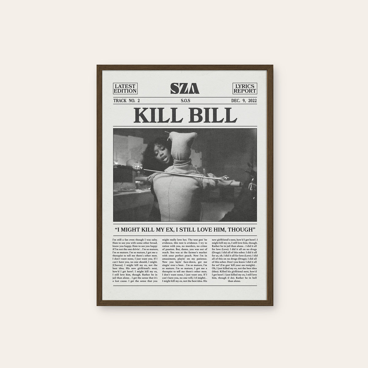 SZA Kill Bill newspaper poster — dark wood frame