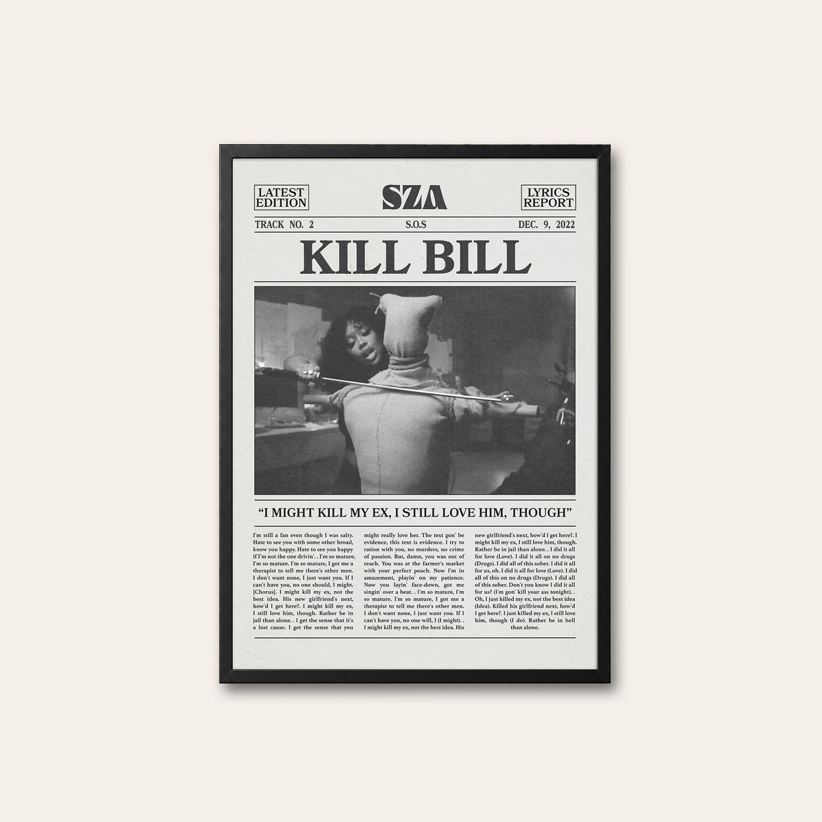 SZA Kill Bill newspaper poster — black frame