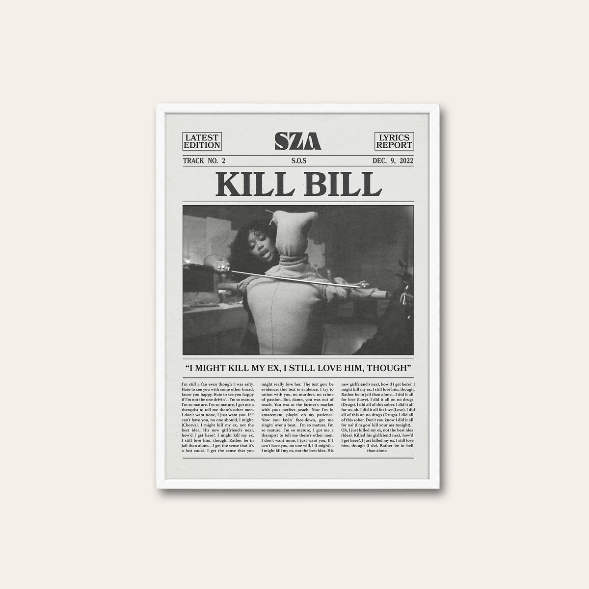 SZA Kill Bill newspaper poster — white frame