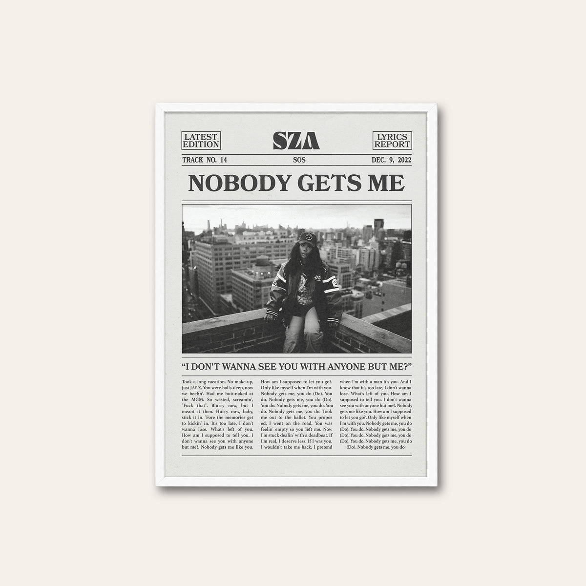 SZA Nobody Gets Me newspaper poster — white frame